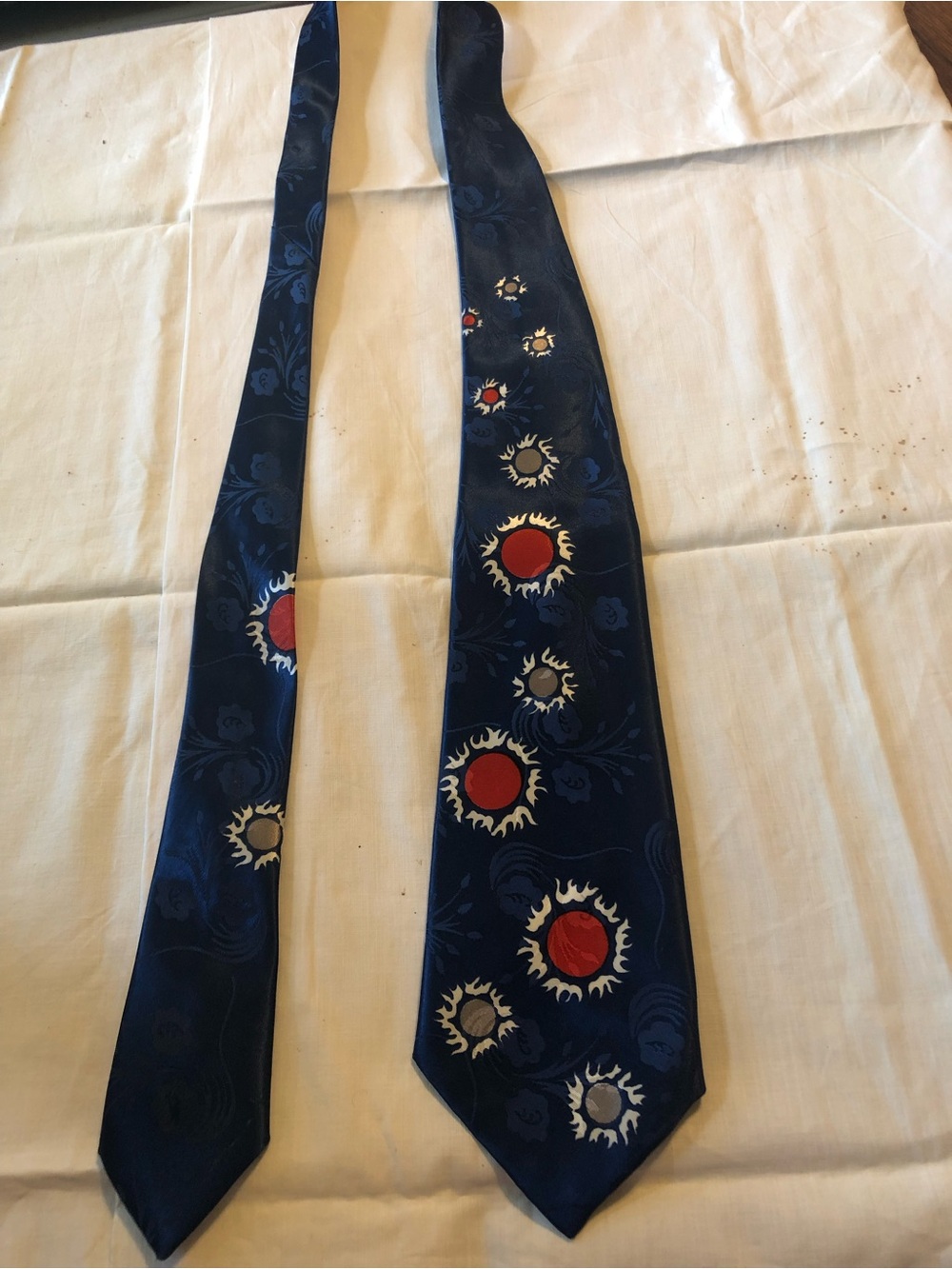 Towncraft Navy Silk Tie with Red and Silver Sunburst Motifs